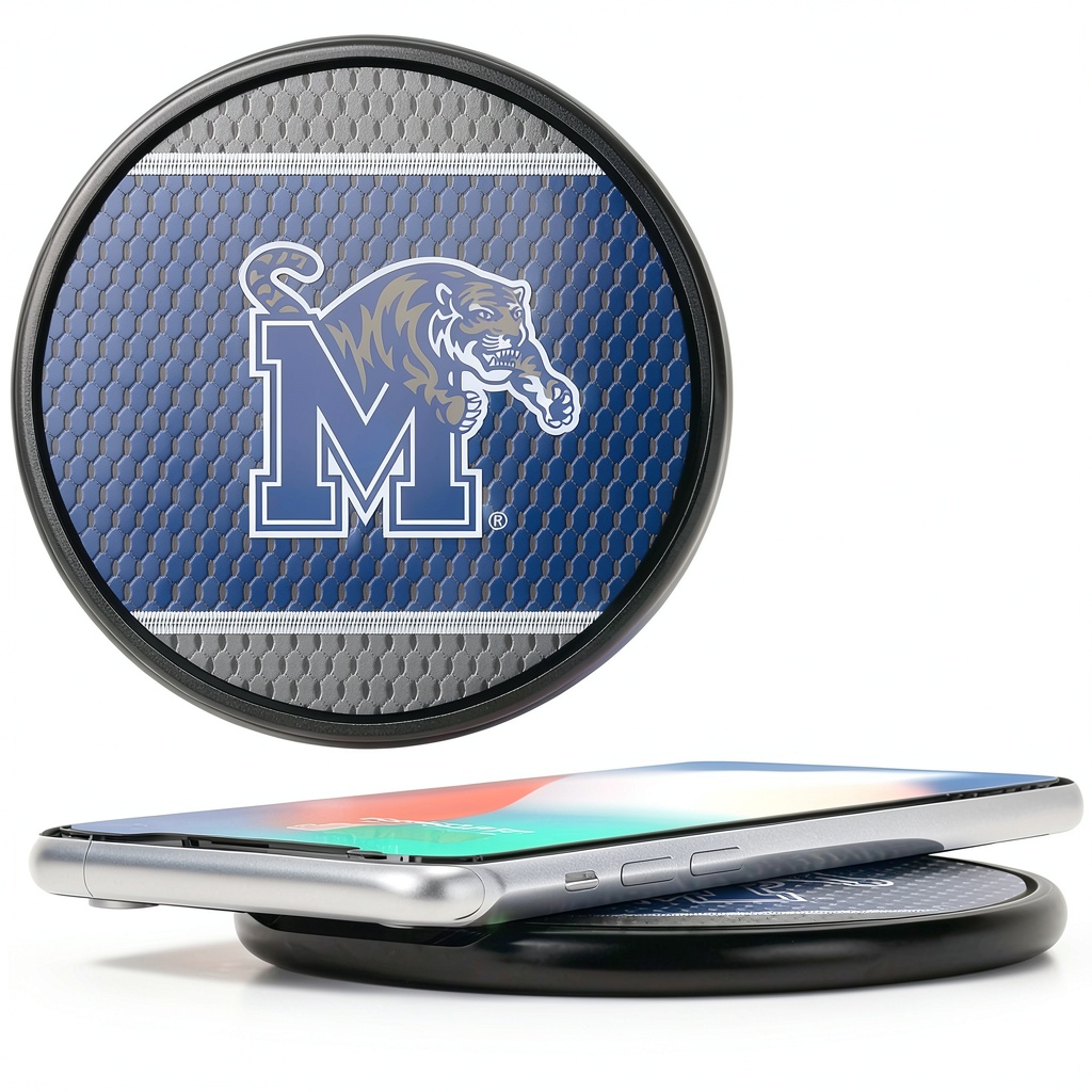 Memphis Tigers Wireless Charger on a desk with device charging