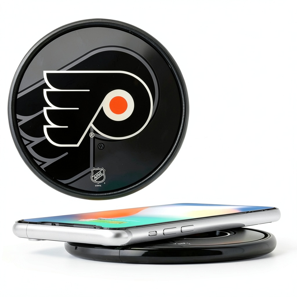 Philadelphia Flyers Wireless Charger on a desk with team graphics visible