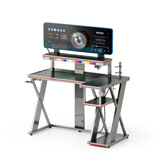 Bestier L Shaped Gaming Desk RGB Lights Power Outlets-4