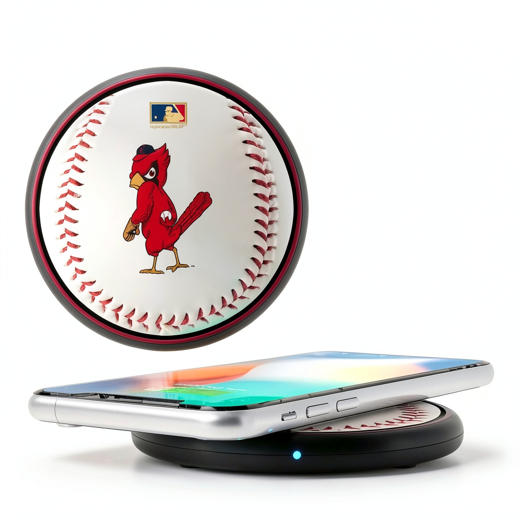 St Louis Cardinals wireless charger on a desk with a smartphone charging