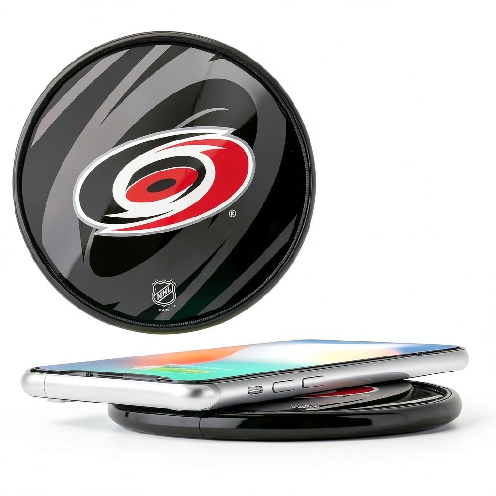 Carolina Hurricanes Wireless Charger on a desk with a smartphone