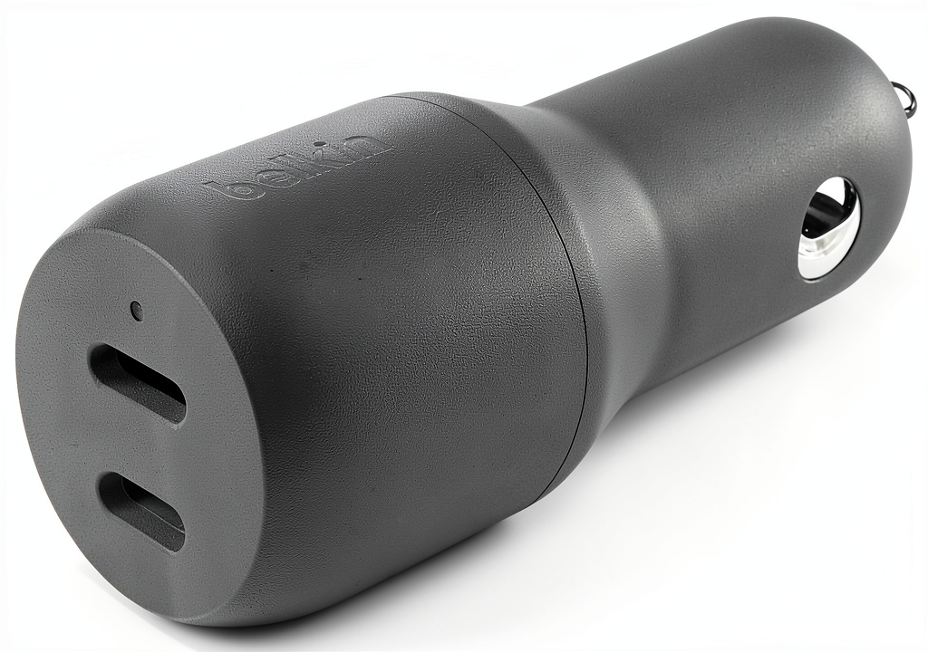 Installing Belkin 36W Car Charger Fast Charging Dual USB-C Ports on a wooden desk