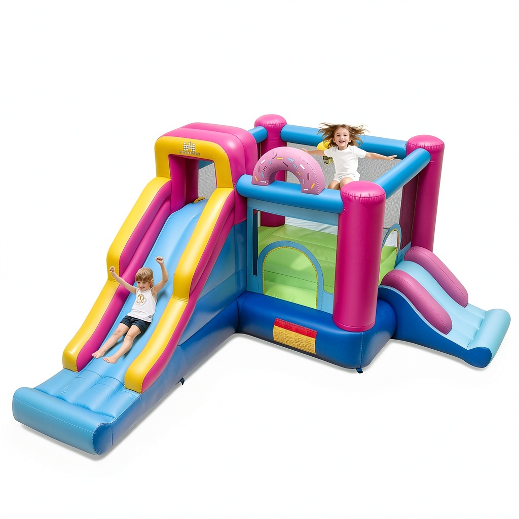 Doughnut inflatable bounce house setup in a backyard with kids playing