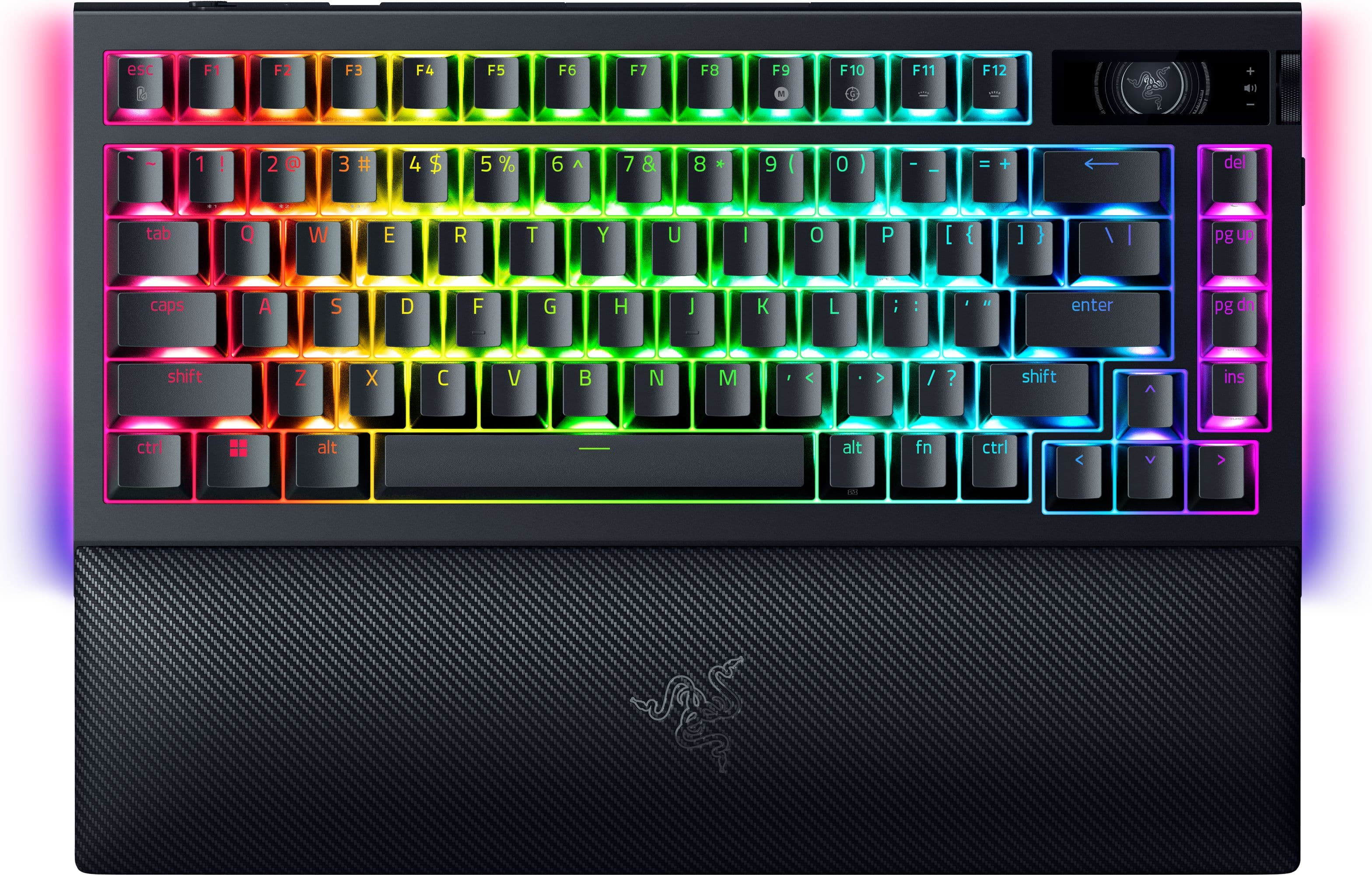 Razer BlackWidow V4 Pro keyboard on a gaming desk with RGB lighting