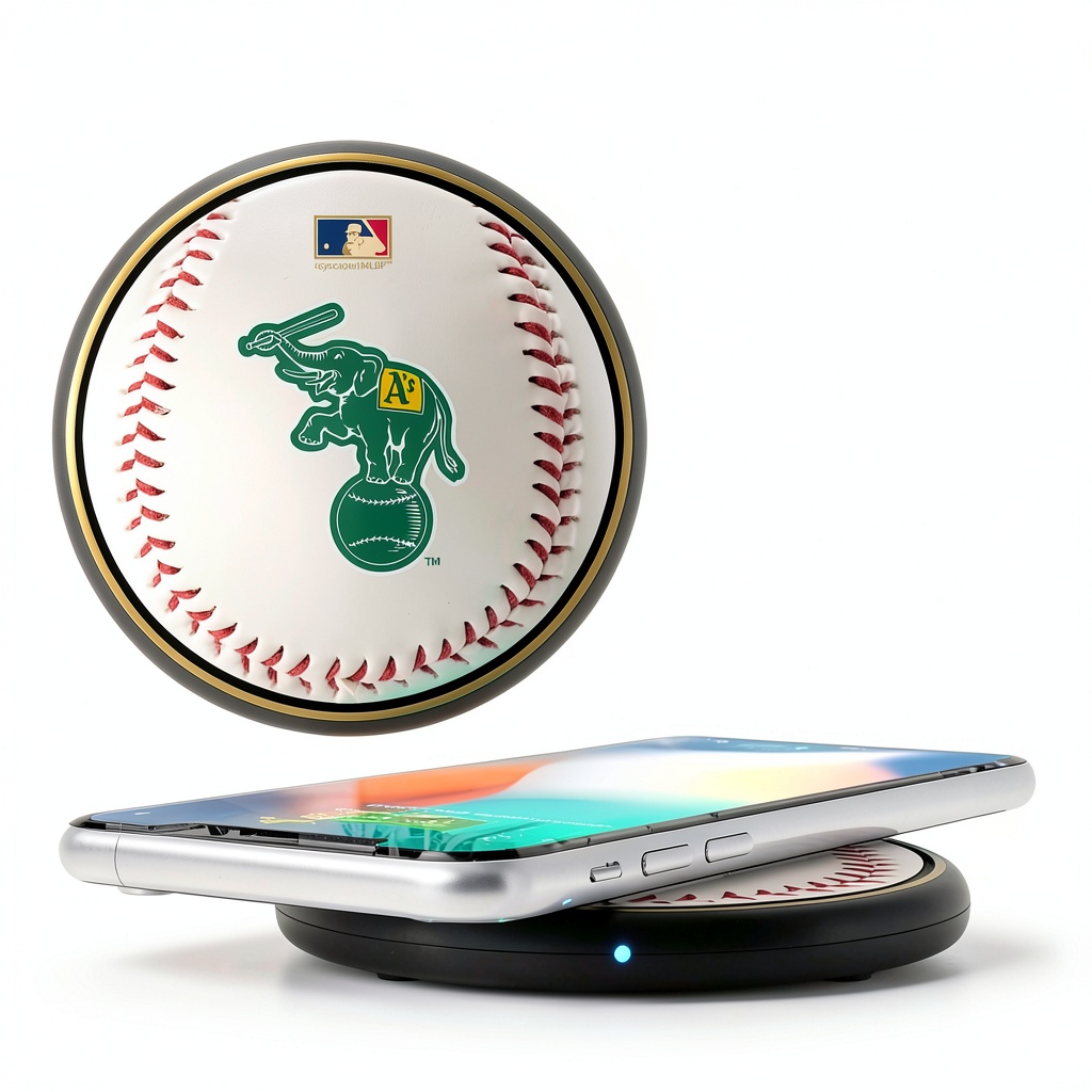 Athletics Wireless Charger on a desk with phone charging