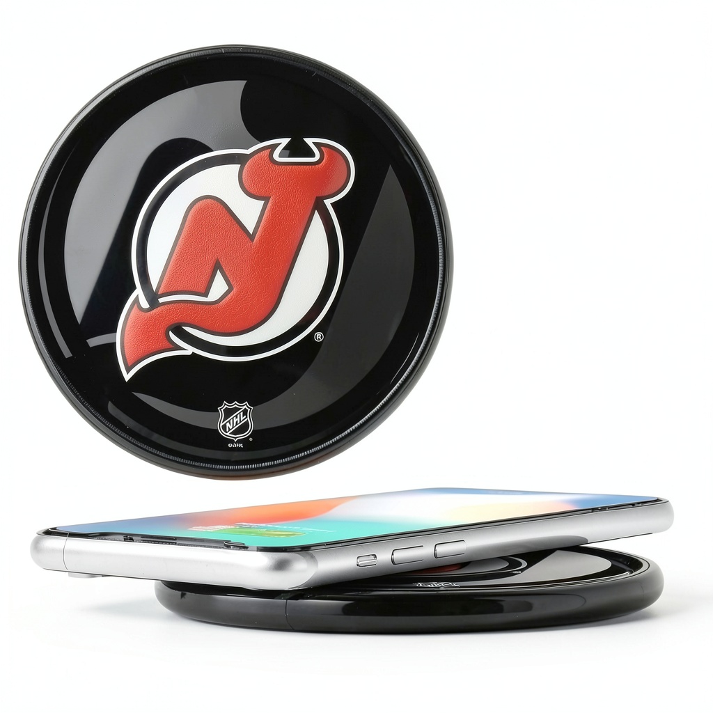 New Jersey Devils Wireless Charger on a desk with a smartphone charging
