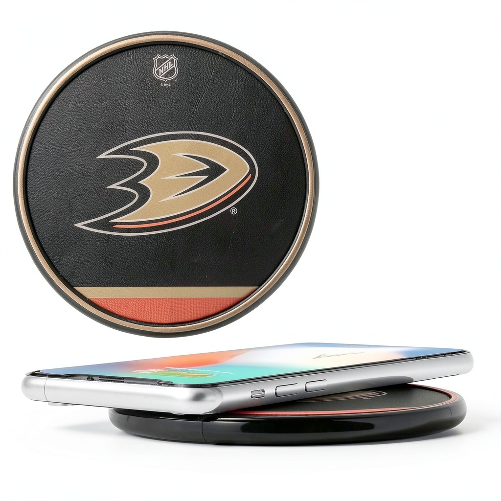 Anaheim Ducks wireless charger displaying team graphics on a desk