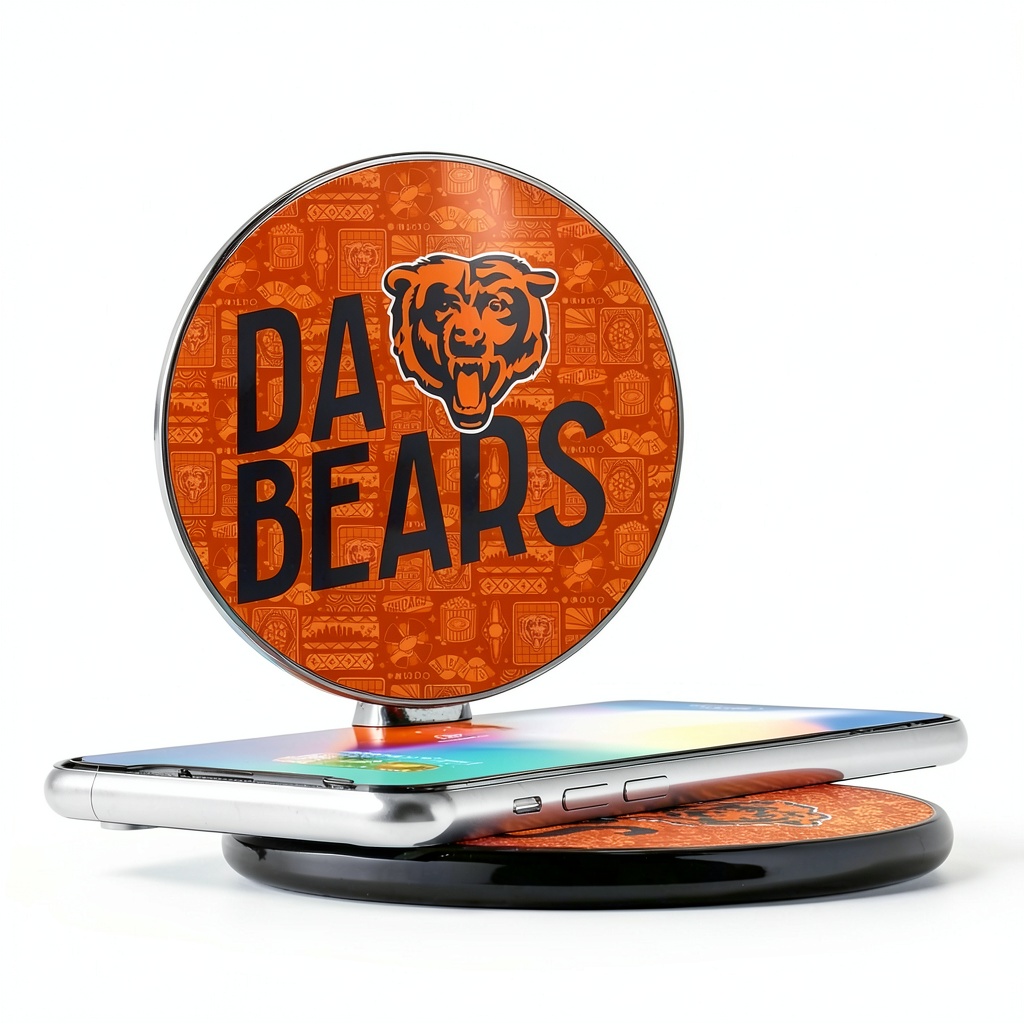 Chicago Bears Wireless Charger on a desk with phone charging