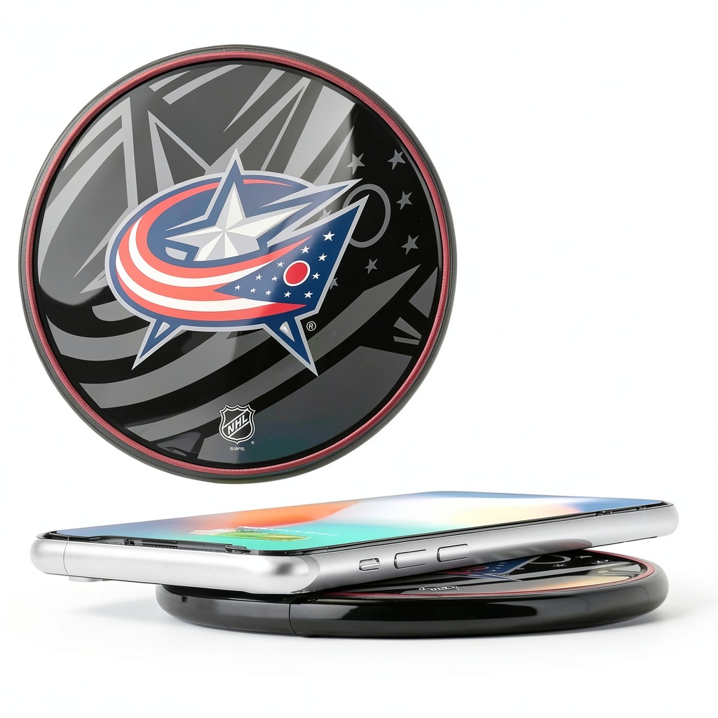 Columbus Blue Jackets Wireless Charger on a desk with a smartphone