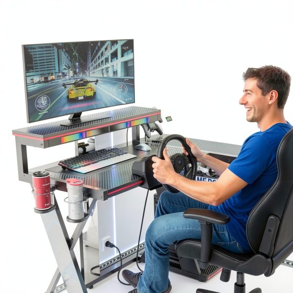 Bestier L Shaped Gaming Desk RGB Lights Power Outlets-3