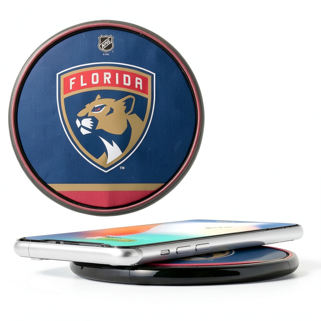 Florida Panthers Stripe Wireless Charger on a desk with phone charging