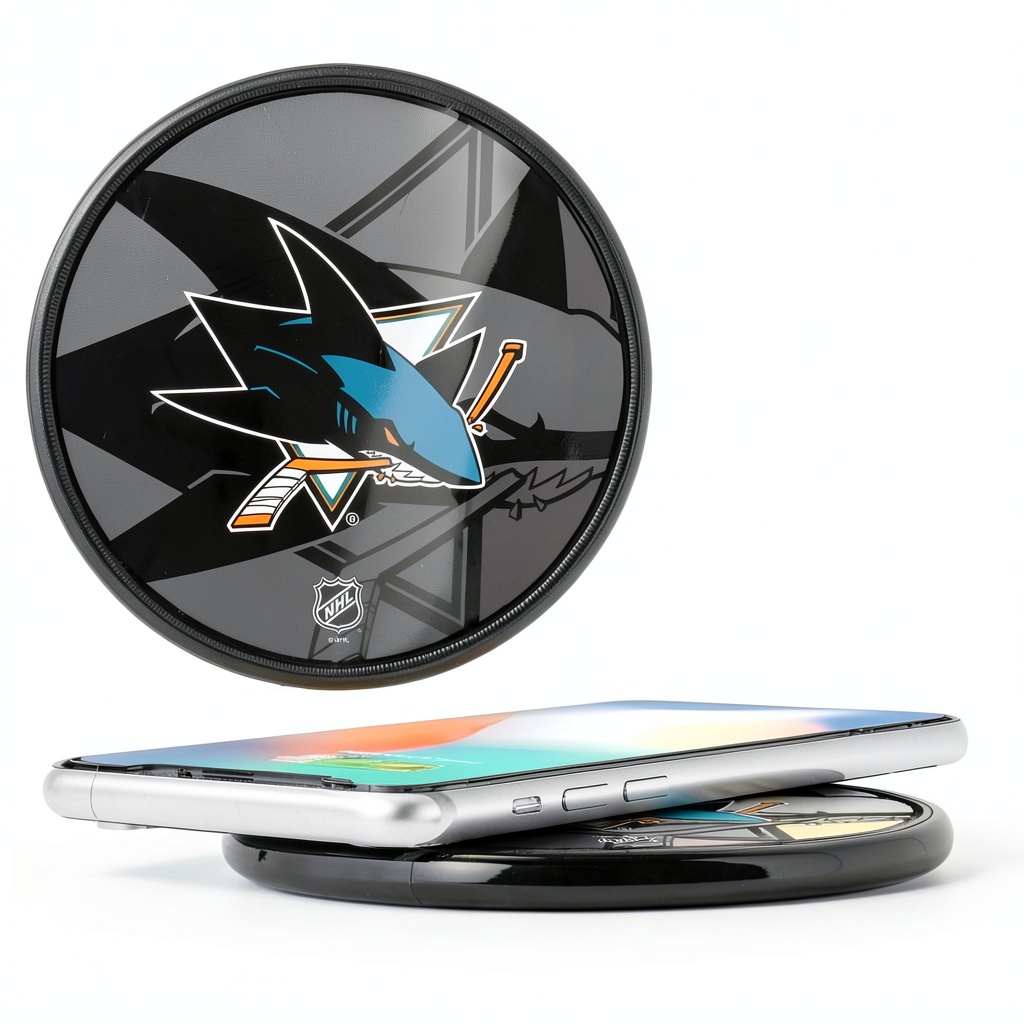 San Jose Sharks wireless charger on a desk with a smartphone charging