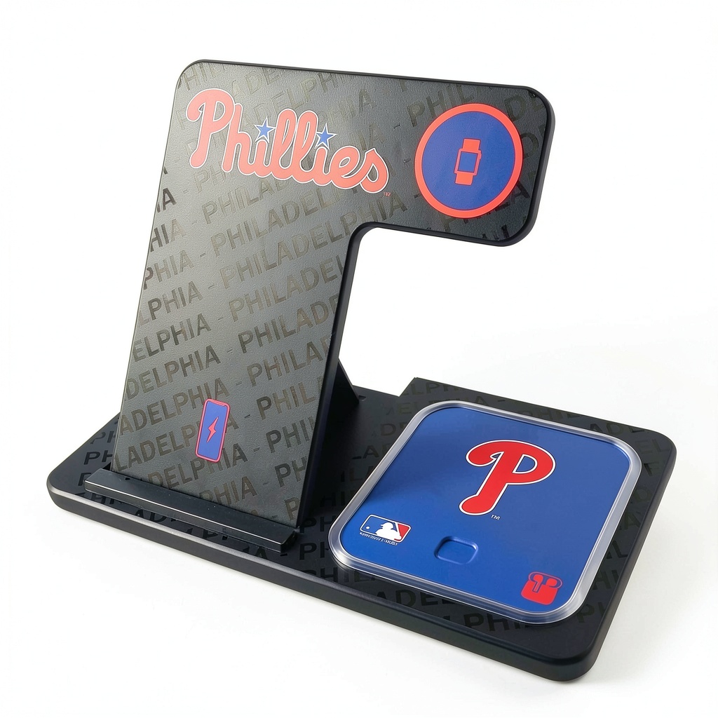 Philadelphia Phillies 3-in-1 Wireless Charger displaying team graphics and multiple devices charging