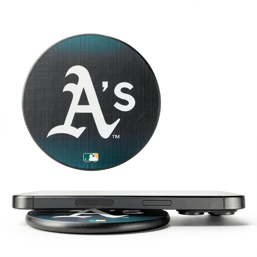 Athletics Linen Wireless Charger on a nightstand with a phone charging