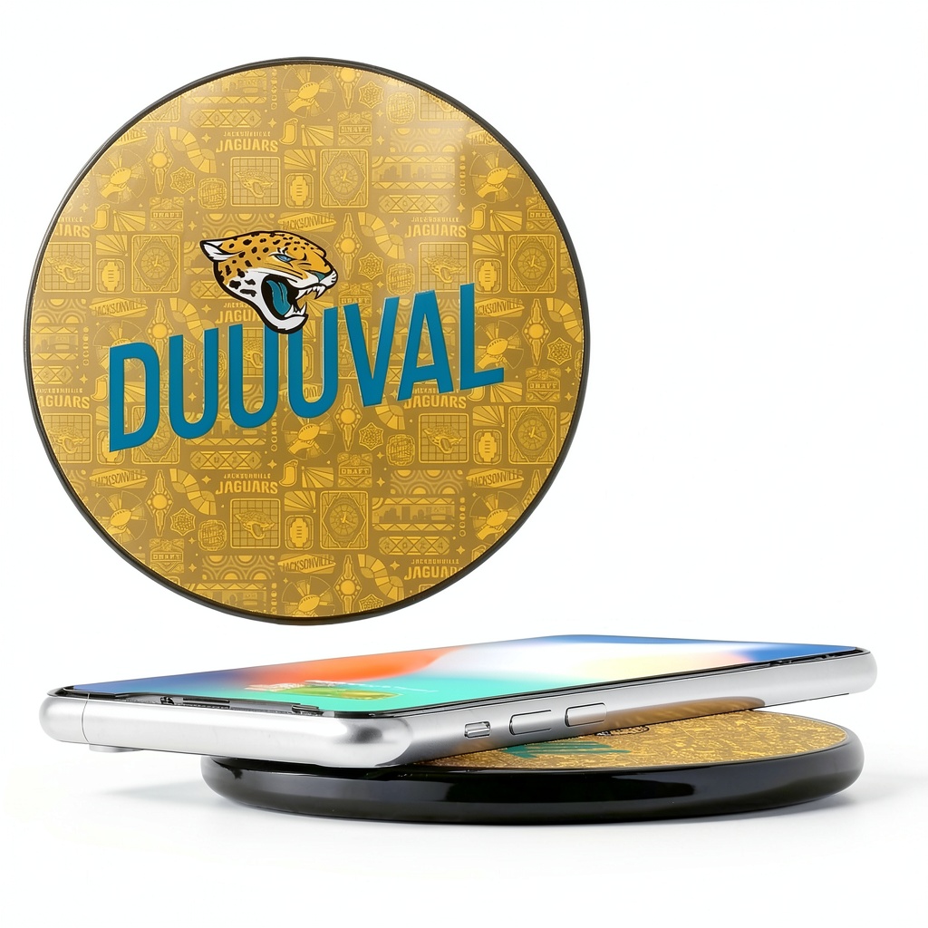 Jacksonville Jaguars wireless charger displaying team graphics on a desk