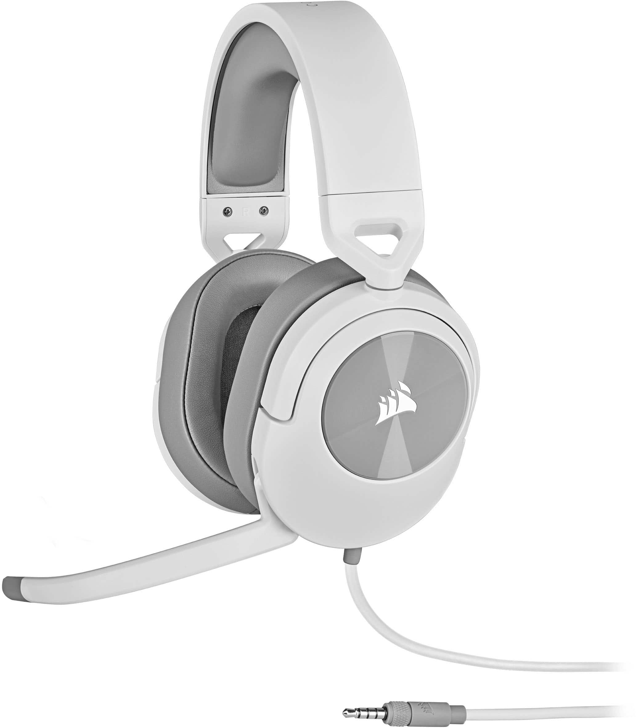 Corsair HS55 Stereo Wired Gaming Headset in white on a gaming desk