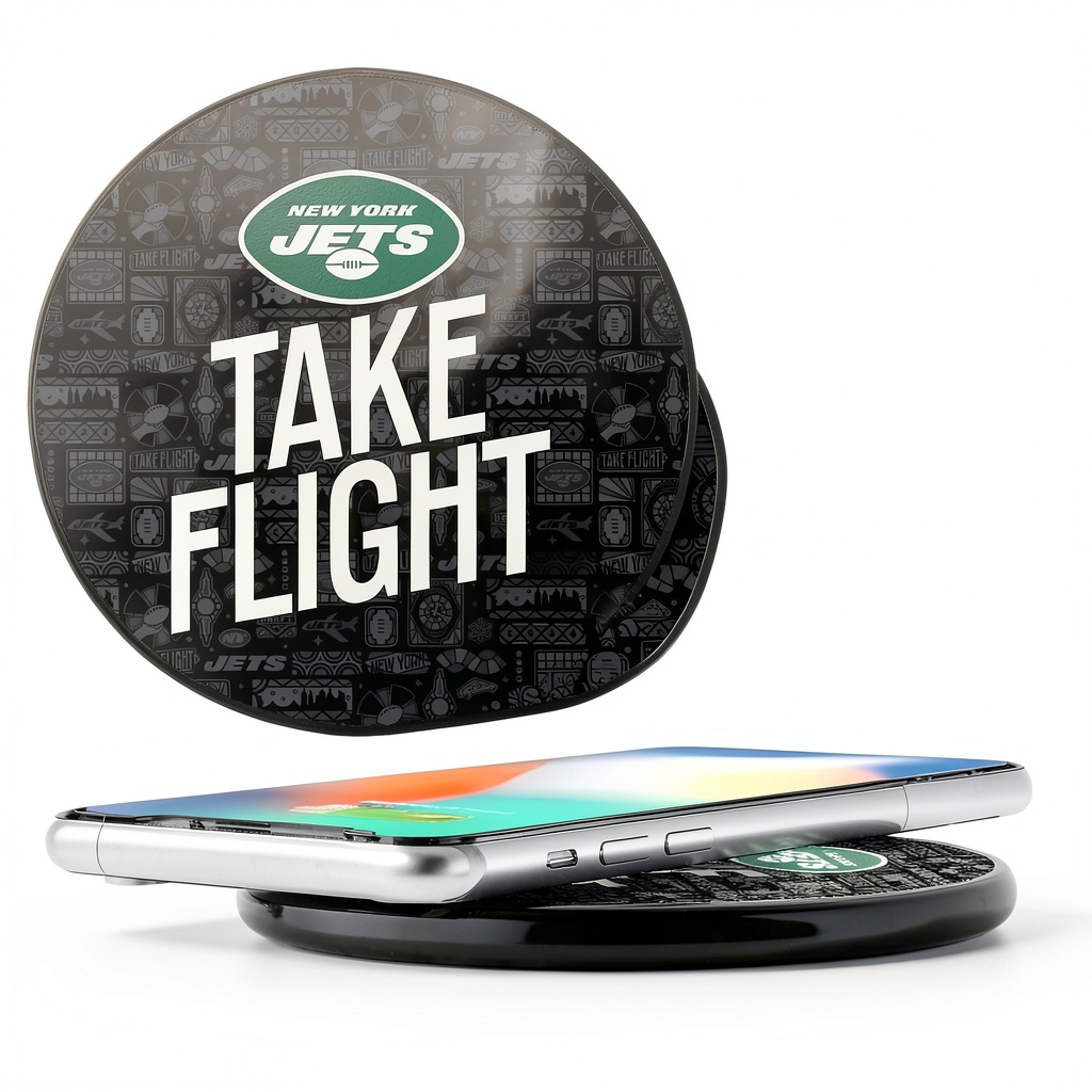 New York Jets Wireless Charger displaying team graphics on a desk