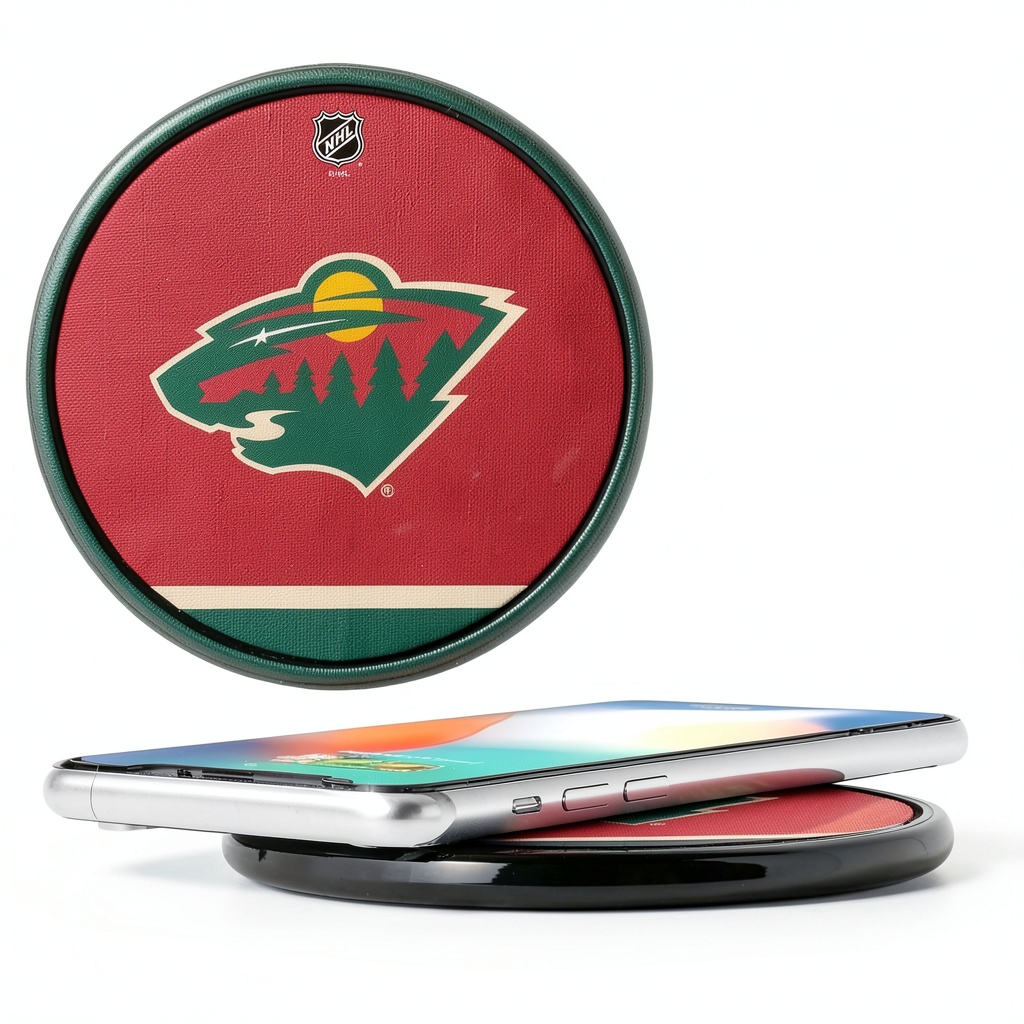 Installing Minnesota Wild Stripe Wireless Charger Fan Accessory on a wooden desk