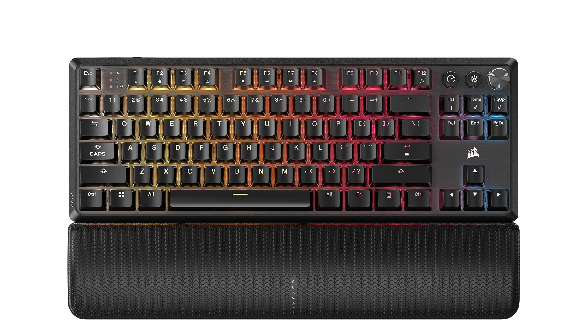 CORSAIR K70 CORE TKL keyboard on a gaming desk with RGB lighting