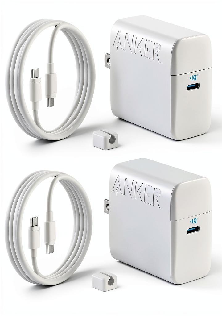 Anker 45W charger and cables on a desk with a smartphone