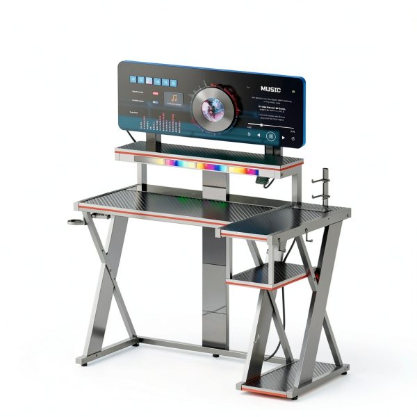 Bestier L Shaped Gaming Desk RGB Lights Power Outlets-4