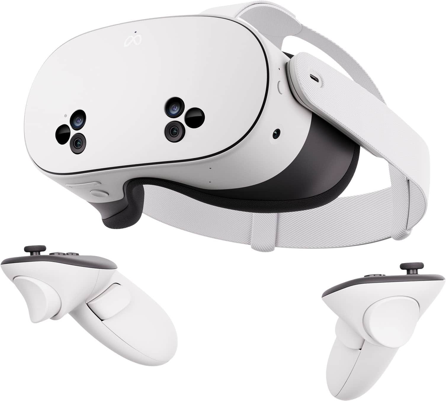 Meta Quest 3S VR headset in use with clear display and controllers