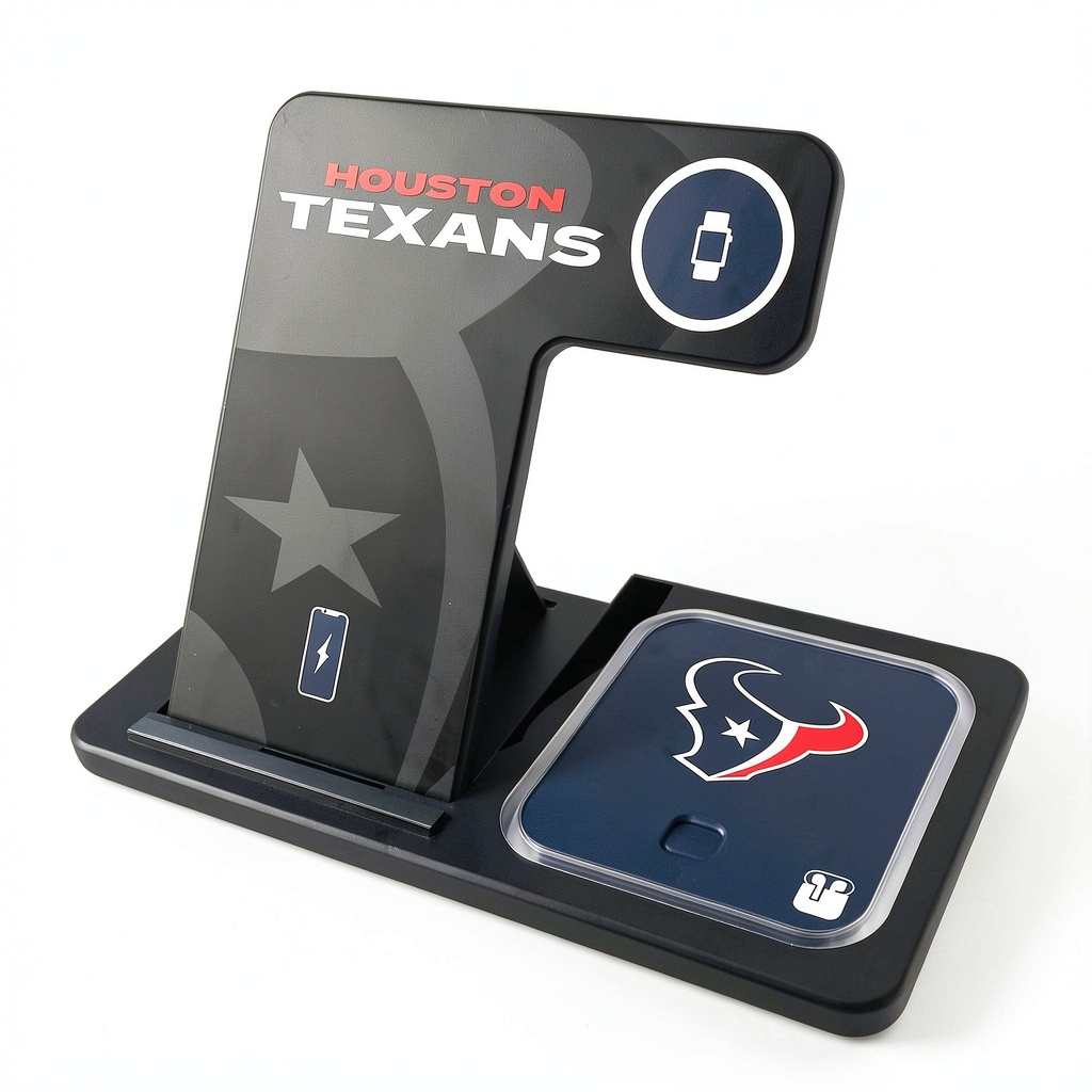 Keyscaper Houston Texans 3-in-1 wireless charger displaying team graphics and charging multiple devices