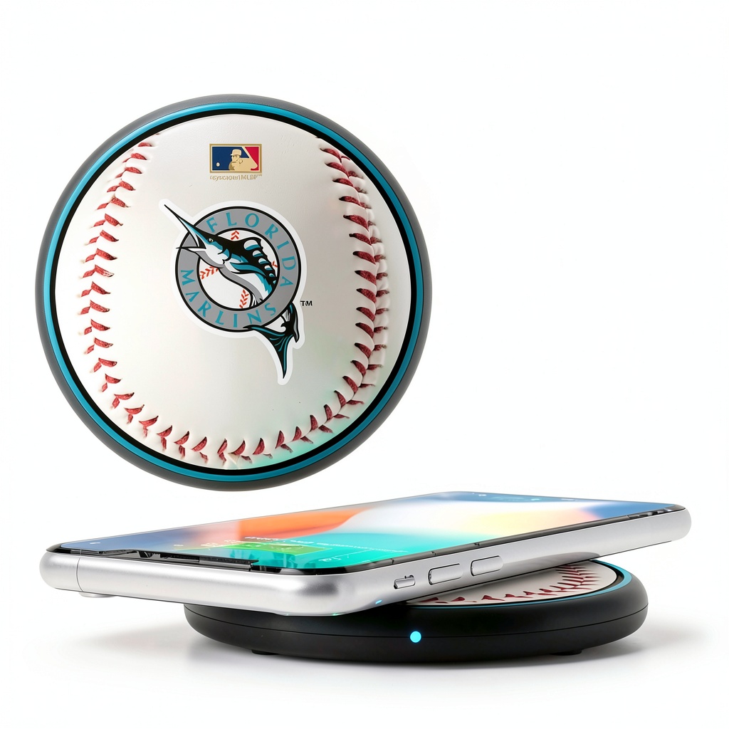 Miami Marlins Wireless Charger Keyscaper Plastic USB Port charging smartphone on office desk