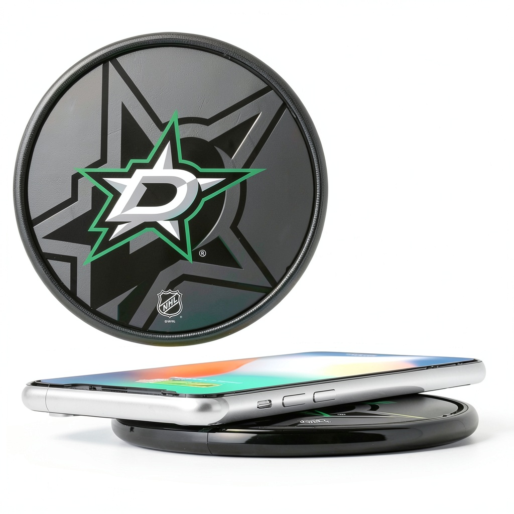 Dallas Stars Wireless Charger on a desk with team graphic visible