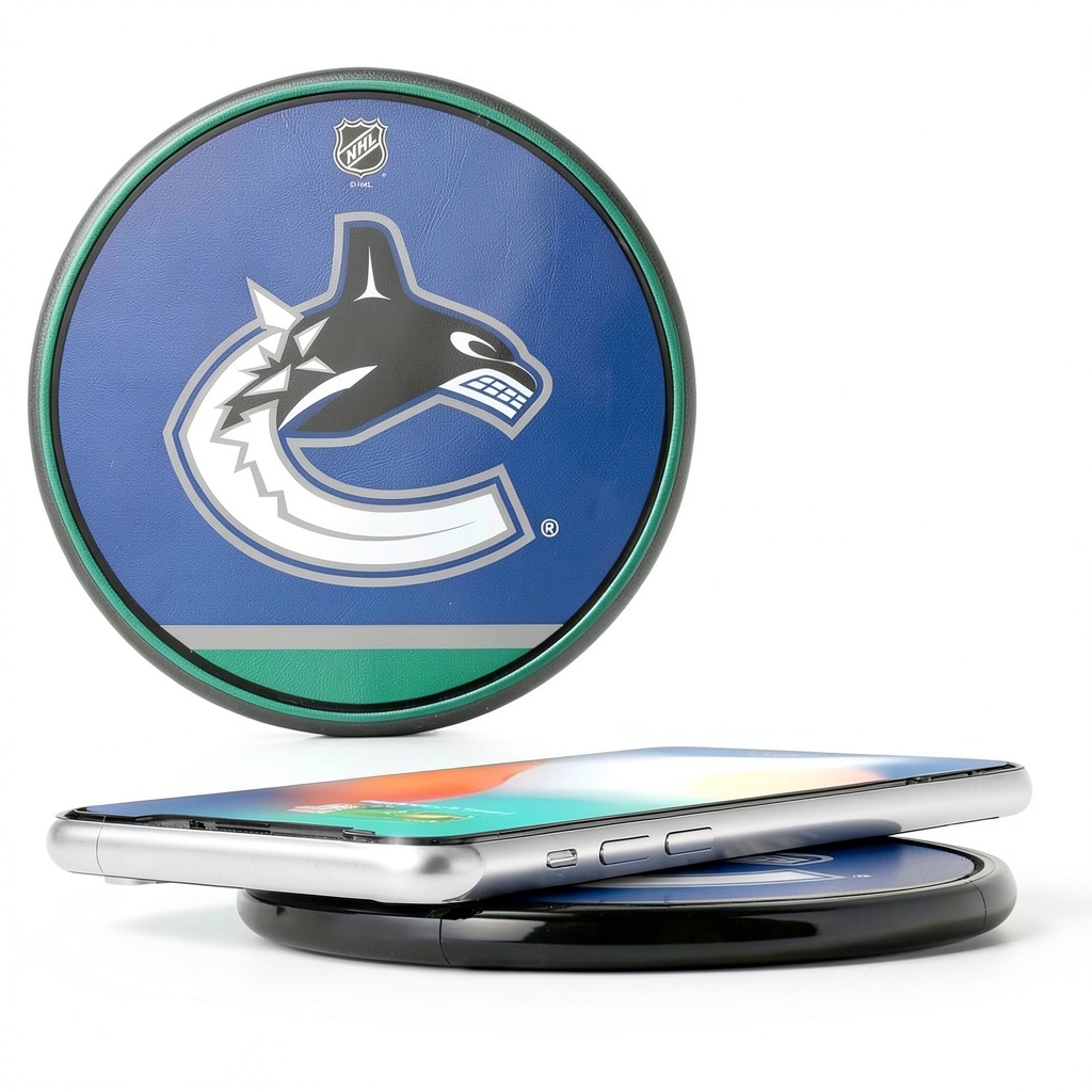 Vancouver Canucks Stripe Wireless Charger on a desk with a smartphone