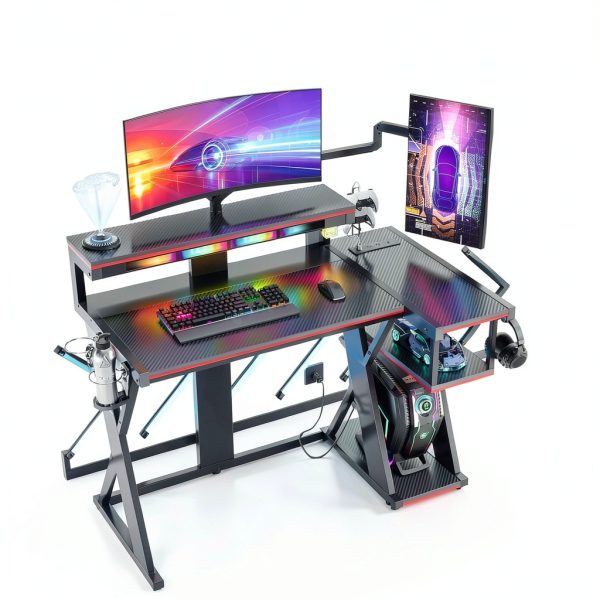 Bestier L Shaped Gaming Desk RGB Lights Power Outlets-2