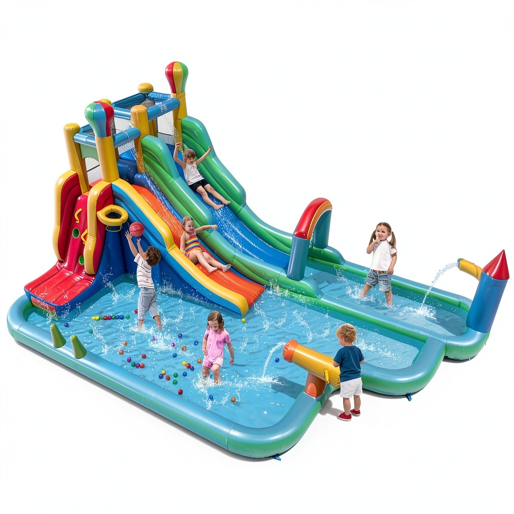 Installing Inflatable Water Park Bouncy Castle Slides Sports Center in a backyard