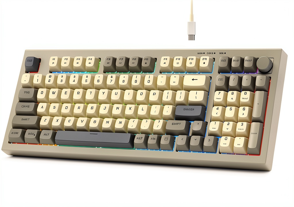 Womier DK98 retro gaming keyboard with rainbow backlight on a desk