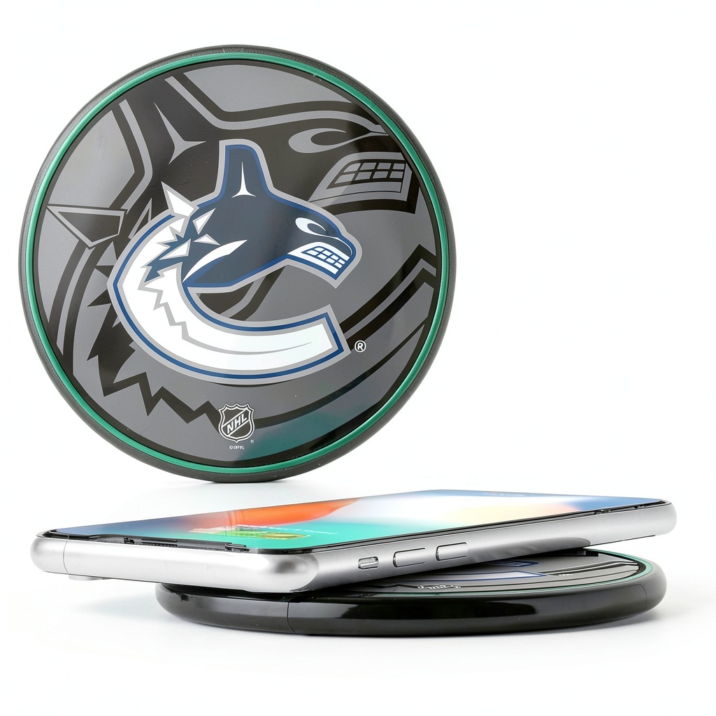 Installing Vancouver Canucks Wireless Charger Keyscaper Plastic Design on a wooden desk