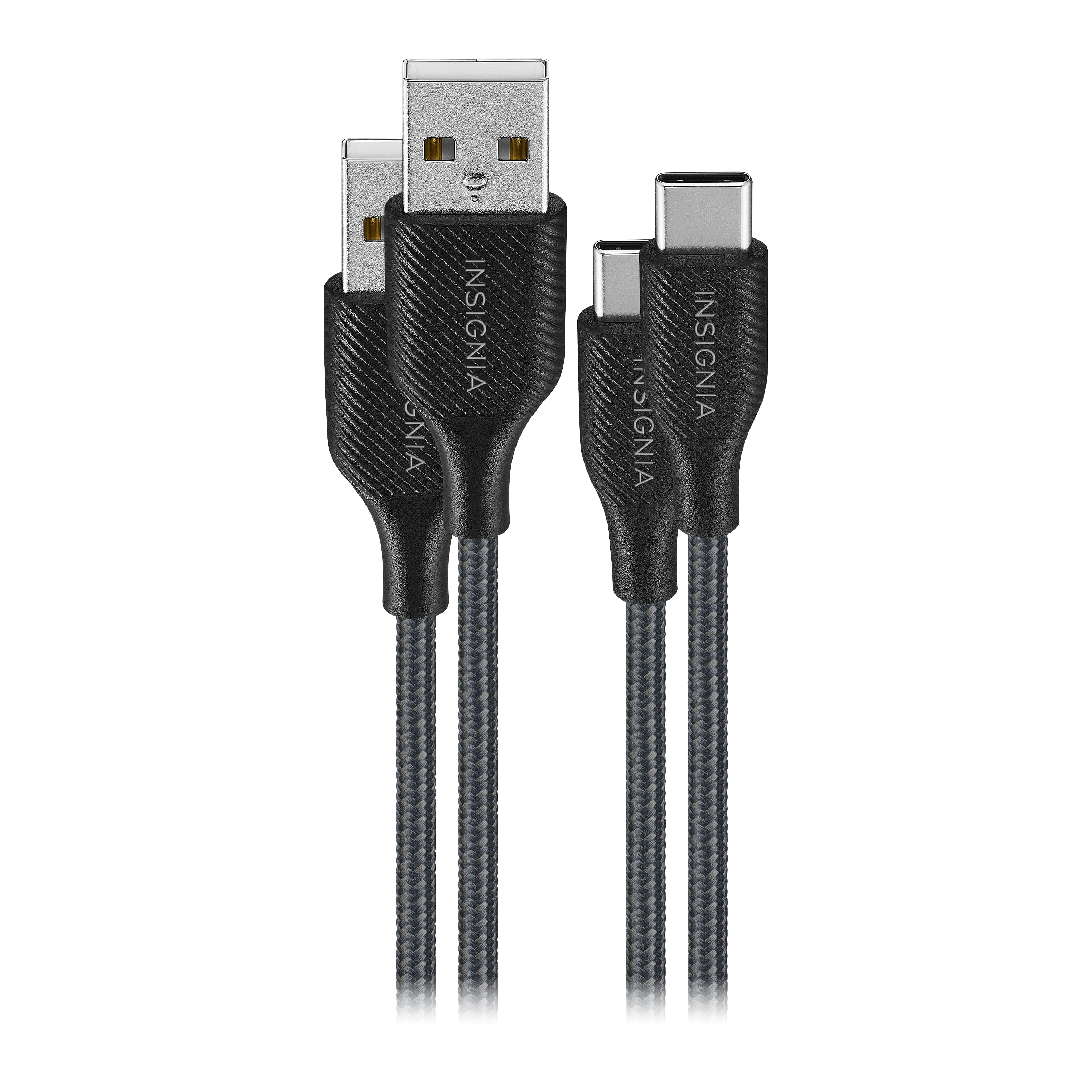 Insignia USB-C to USB-A cable connected to a smartphone and laptop