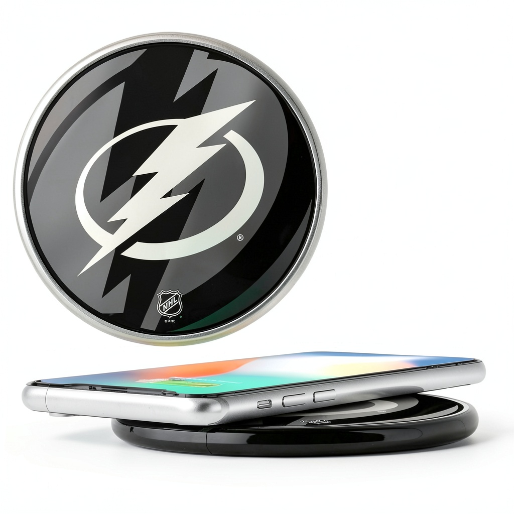 Tampa Bay Lightning wireless charger displaying team graphic and USB cord