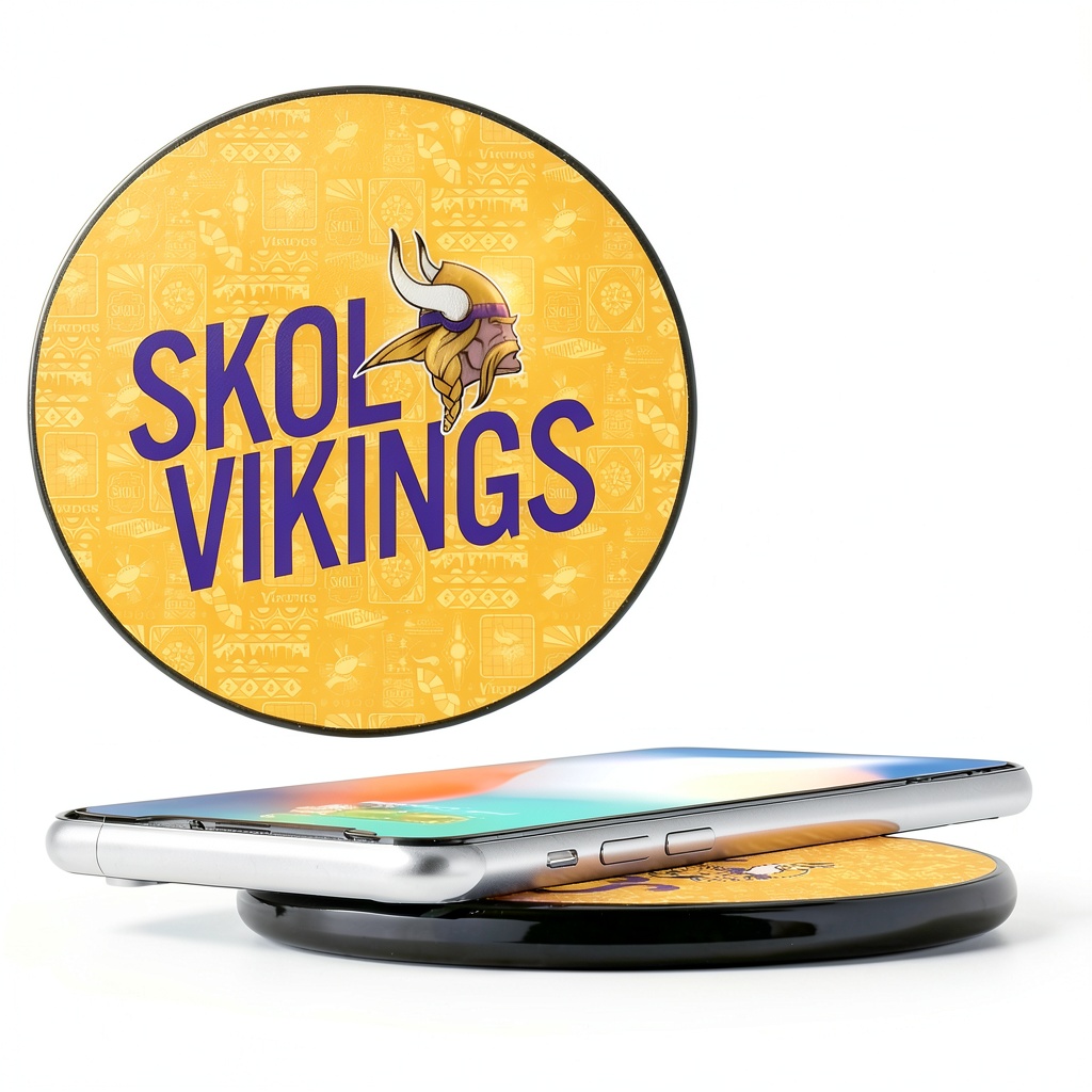 Minnesota Vikings Wireless Charger displaying team graphics on a desk