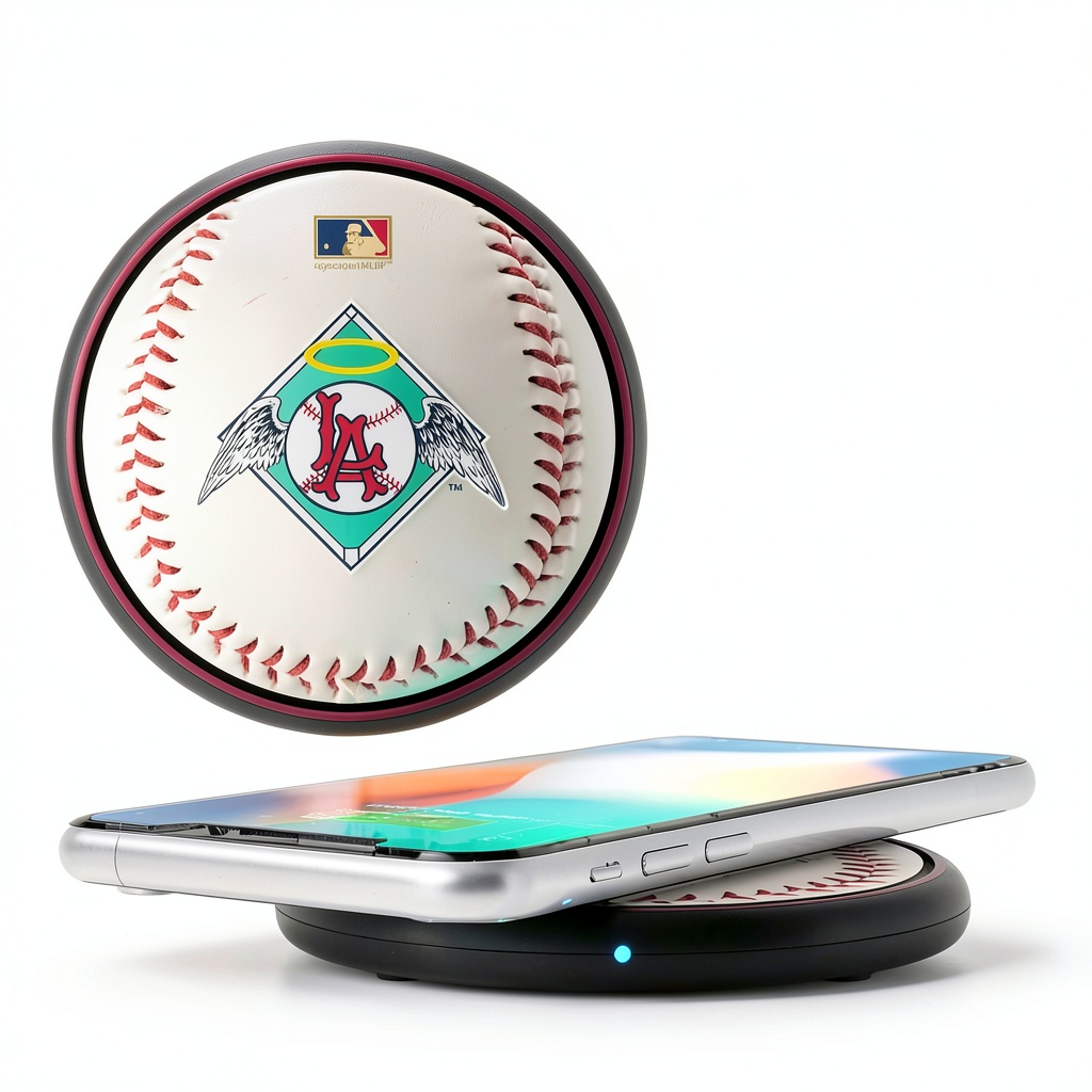 Los Angeles Angels wireless charger on a desk with a smartphone