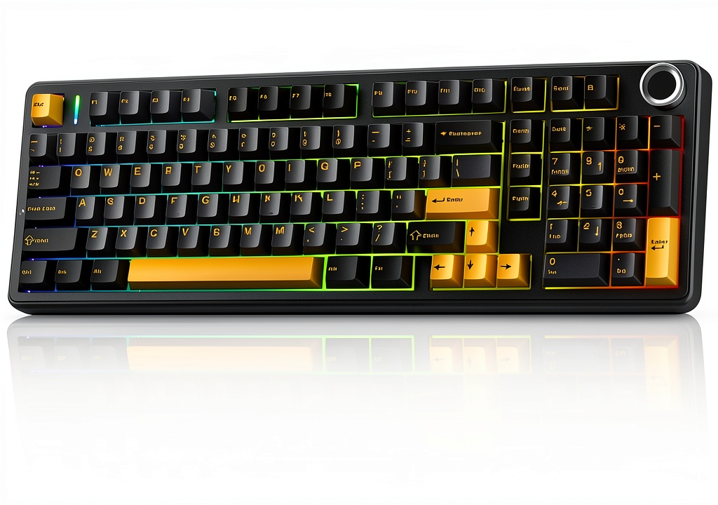 AULA F99 Pro keyboard in Black Yellow color on a desk with RGB lighting