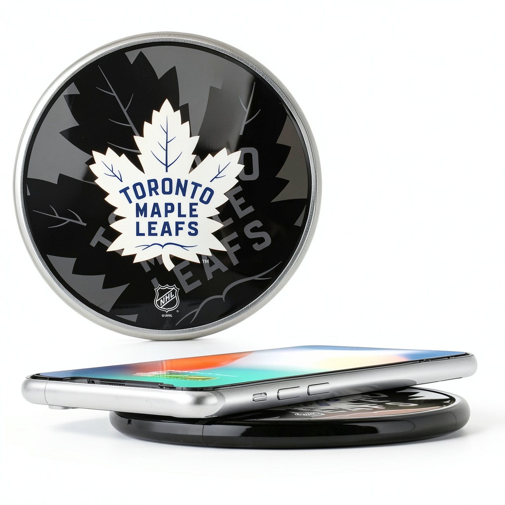 Toronto Maple Leafs Wireless Charger on a desk with a smartphone