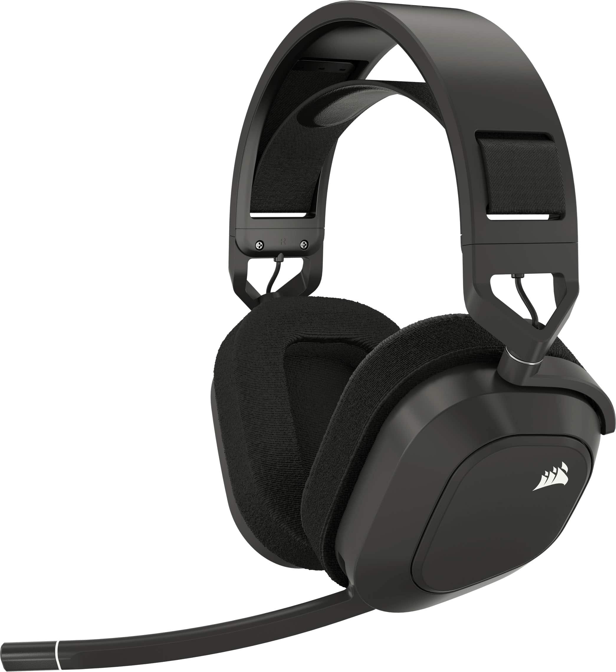 CORSAIR HS80 MAX wireless gaming headset in Steel Gray on a gaming desk