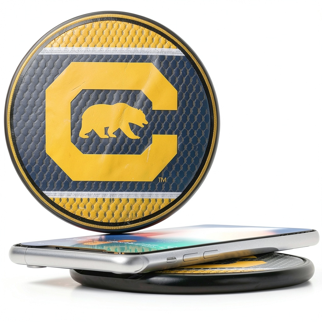 Keyscaper Cal Bears Wireless Charger on a desk with a smartphone charging