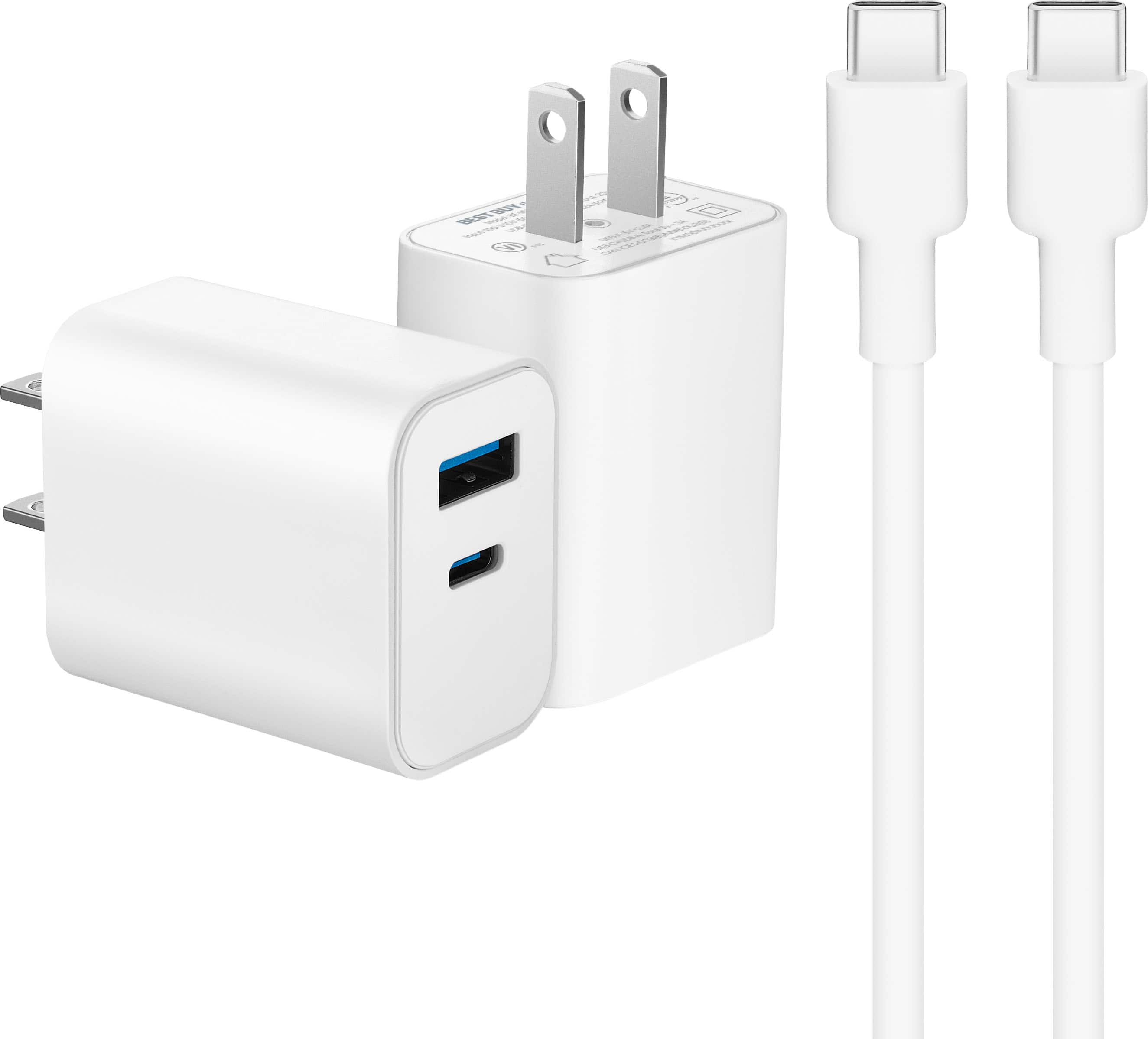 Best Buy essentials 20W Dual-Port Wall Charger Kit displayed with devices