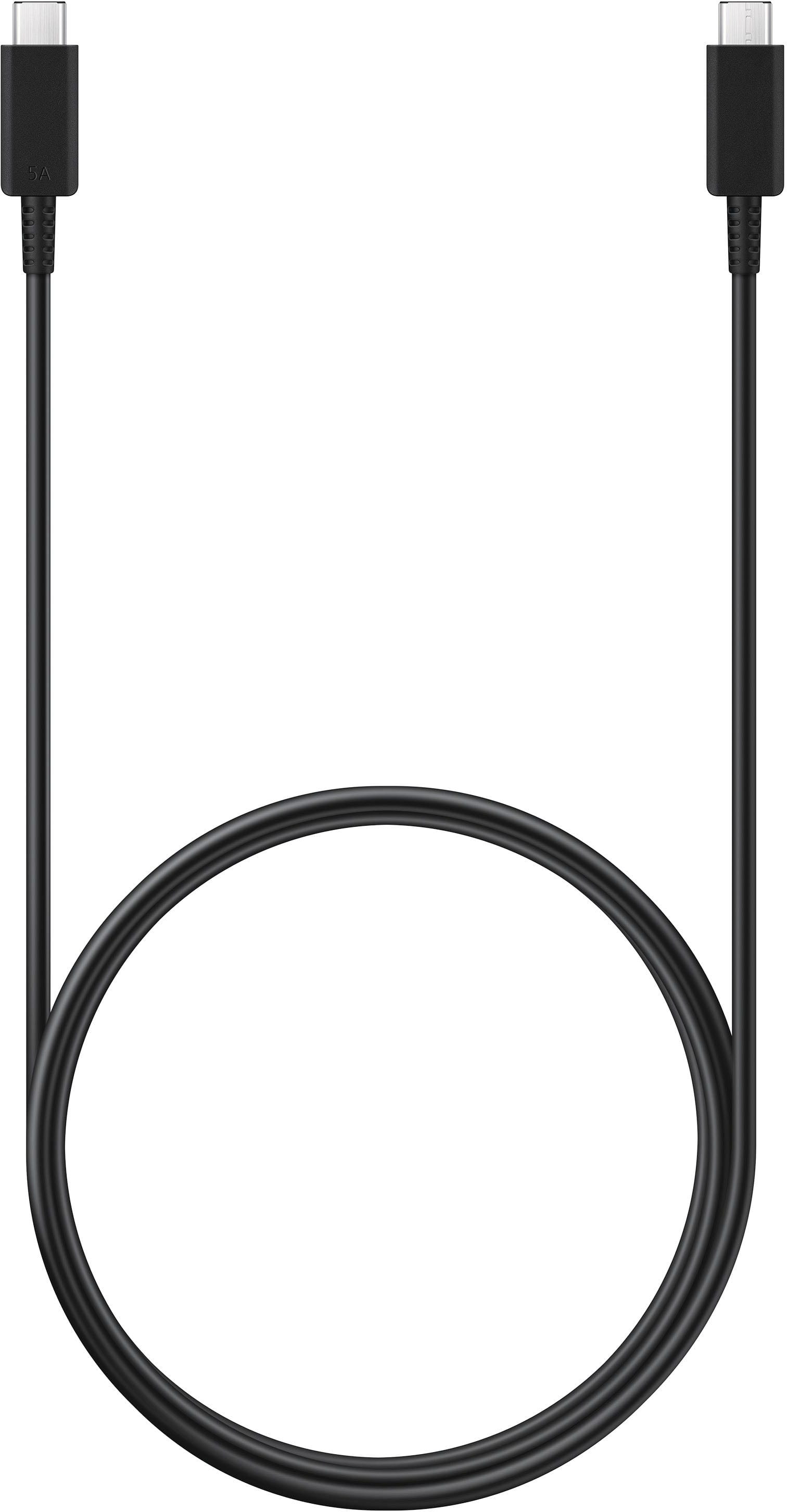 Samsung USB-C cable connected to a laptop and smartphone on a desk