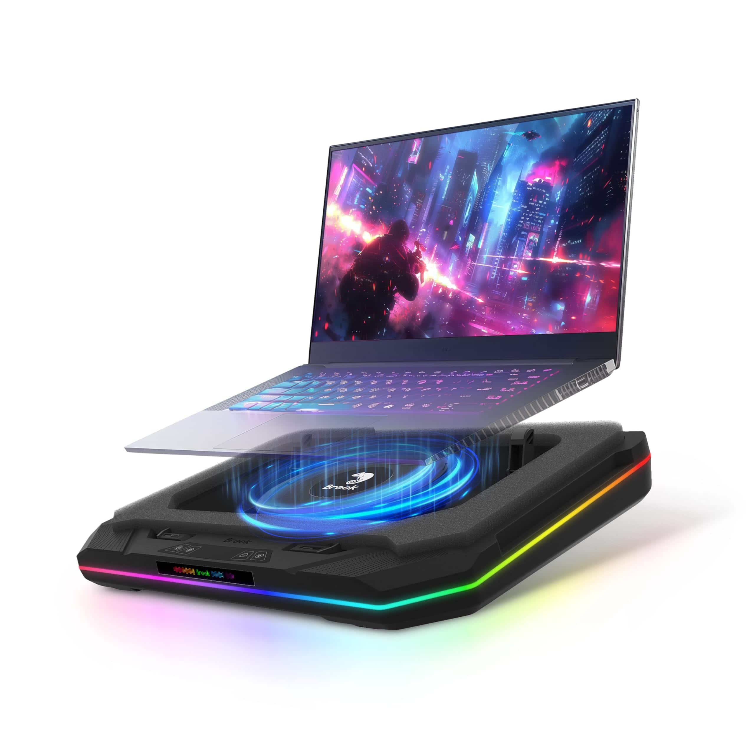 Gaming laptop cooling pad in use with RGB lighting on a desk
