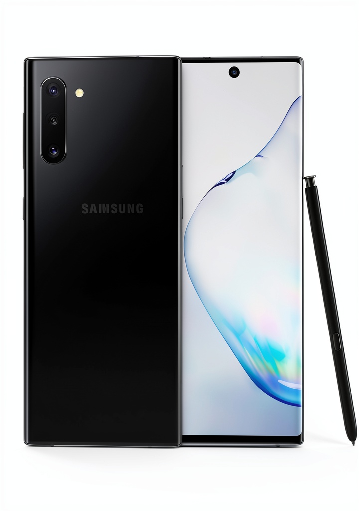 Samsung Galaxy Note 10 displaying its sleek Aura Black design and triple camera setup