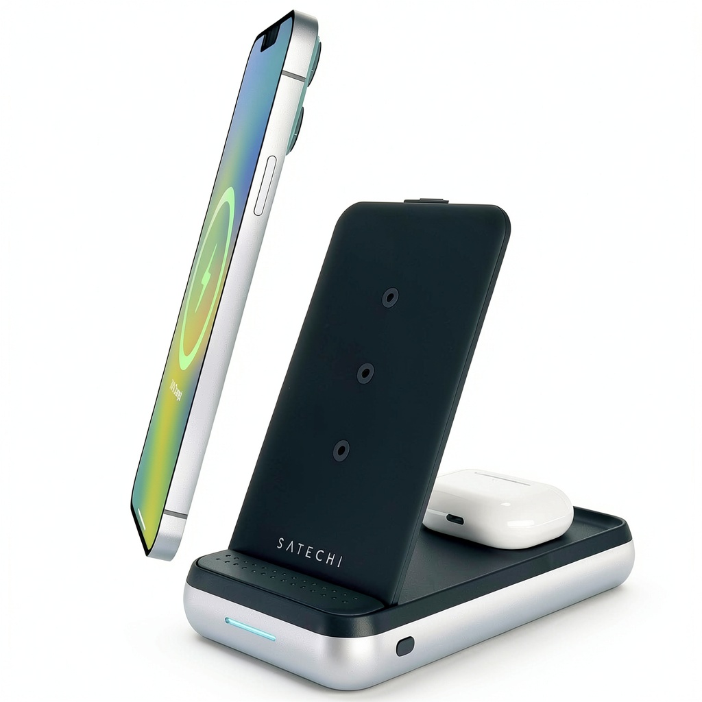 Satechi Duo Wireless Charger Power Stand in upright position charging an iPhone and AirPods