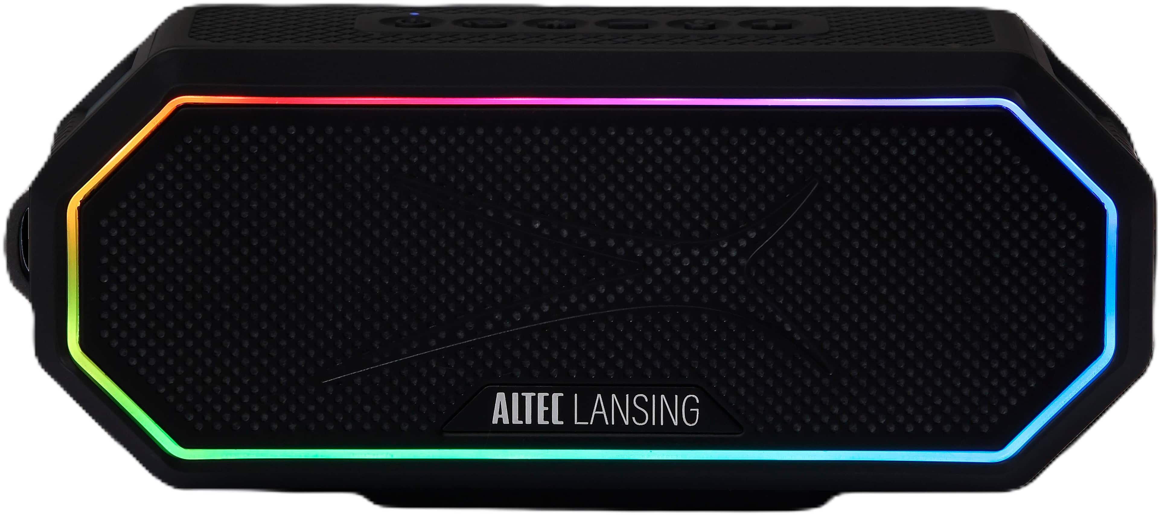 Altec HydraJolt 2.0 speaker mounted on a metal surface with LED lights active