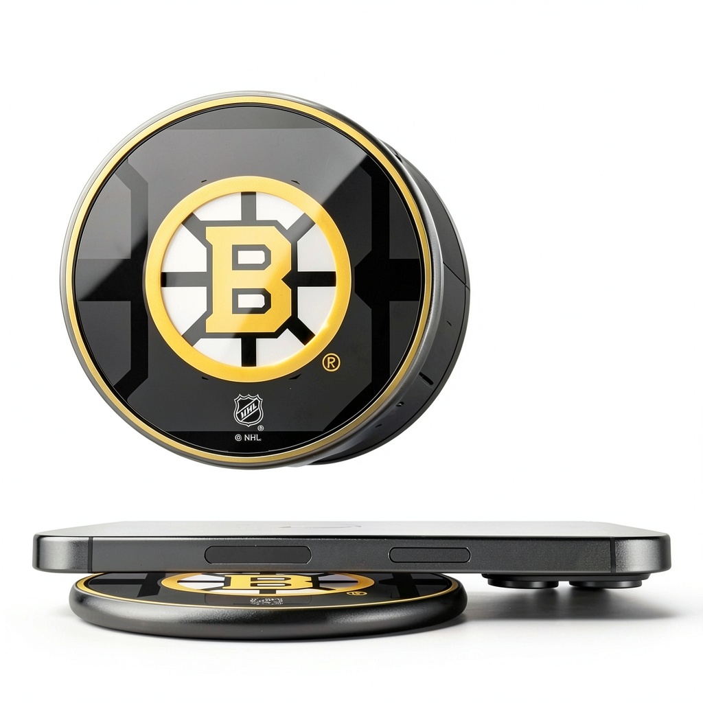 Boston Bruins wireless charger displaying team graphic on a desk