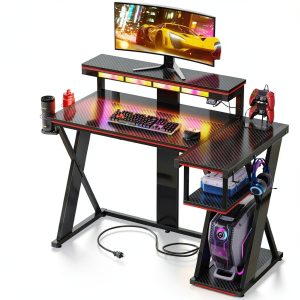 Bestier L Shaped Gaming Desk RGB Lights Power Outlets-0